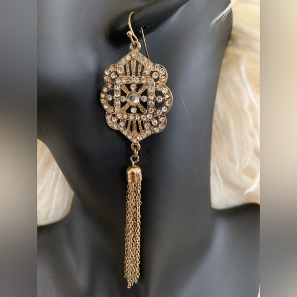 Gold Tone Dangling Jeweled Tassel Drop Earrings - Picture 3 of 10